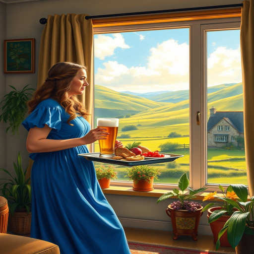 In "A Glass of Beer on the Highland," a serene scene is depicted in a sunlit room where a woman in a vibrant blue dress stands by a large window. She holds a tray with a hearty meal and a frothy glass of beer, embodying a moment of relaxation. Outside, the breathtaking highland landscape features rolling green hills and a charming traditional house, all bathed in warm afternoon light. The interior is adorned with potted plants, creating a harmonious blend of comfort and nature. The painting beautifully captures the tranquility and joy found in simple pleasures amidst stunning scenery