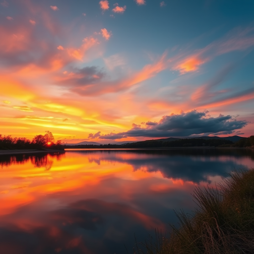 Create a detailed image of a serene sunset over a calm lake with reflections, using a DSLR camera, 50mm lens, aperture f/1.8, shutter speed 1/250s, ISO 100, wide shot perspective, vibrant colors and high contrast to enhance image quality.