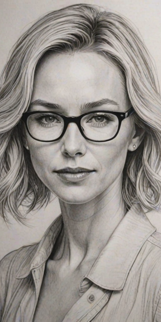 Splendid Naomi Watts, pencil sketch, portrait of Appealing woman 1973s in glasses, hair style beatnik, outline, clear lines, fine lines, 8k