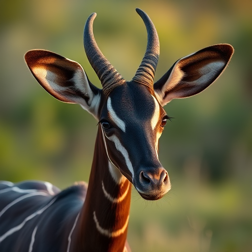 High-resolution image of an okapi in a natural setting, soft focus background, using a DSLR camera, aperture f/2.8, shutter speed 1/250s, ISO 100, focal length 50mm, golden hour lighting for warm tones.