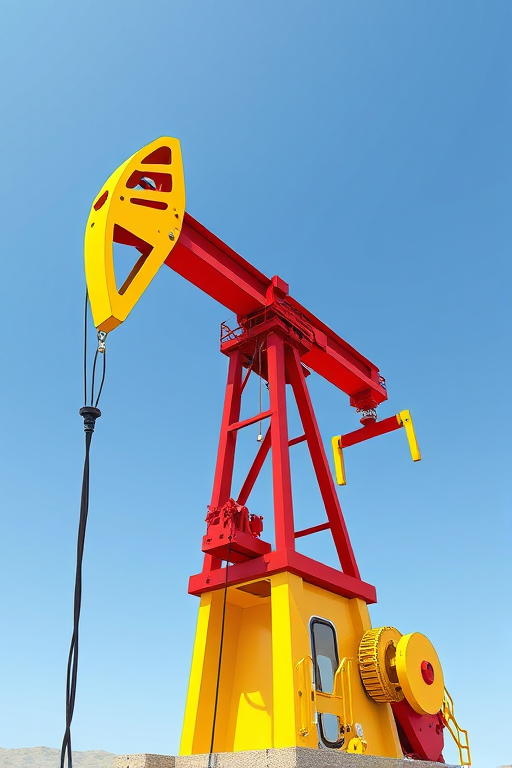 create a detailed and colorful illustration of an oil pump jack in a cartoon style against a clear blue sky, highlighting the mechanical parts with vibrant yellow and red colors, use a DSLR camera with a 24mm lens at f/8, ISO 100, and a slight vignette effect to enhance depth and clarity, capturing a wide-angle view for perspective.