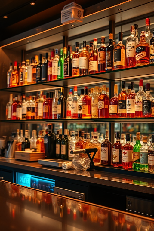Create a high-resolution image of a modern bar with shelves filled with various liquor bottles, captured at a 35mm lens, aperture f/2.8, ISO 100, in a soft warm light setting to enhance reflections and details.