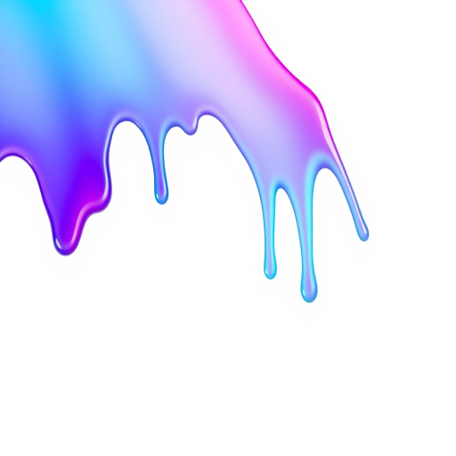 Create a vibrant drip effect with a gradient flowing from blue to purple to pink to green against a white background, using a DSLR camera set to f/8, ISO 100, 50mm lens, in a macro view to enhance detail and color saturation.