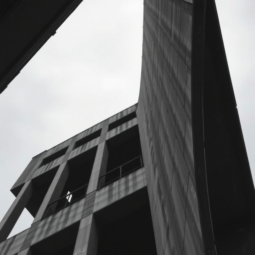 low-angle view of an abandoned concrete building with sharp angular lines, overcast sky, monochrome, focal length 24mm, aperture f/8, ISO 100, DSLR camera, wide-angle lens, HDR photography