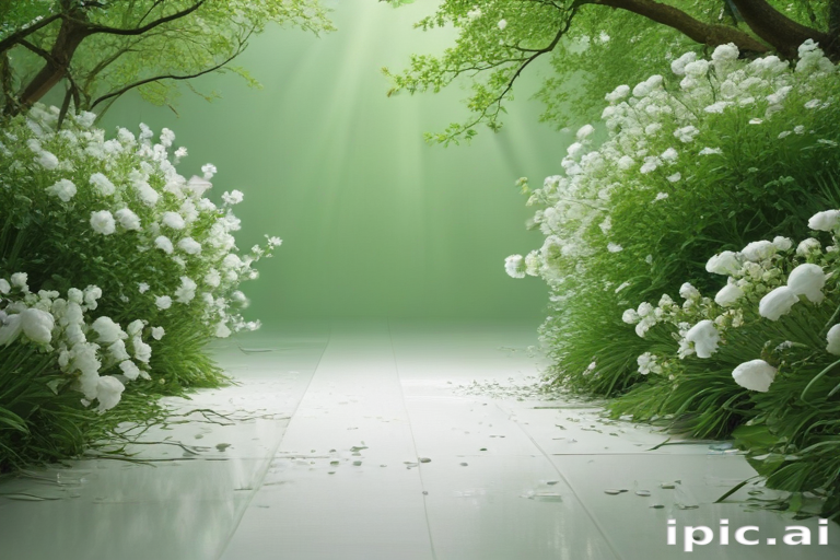 A Serene Pathway Surrounded by Lush Greenery and Blooming Flowers.