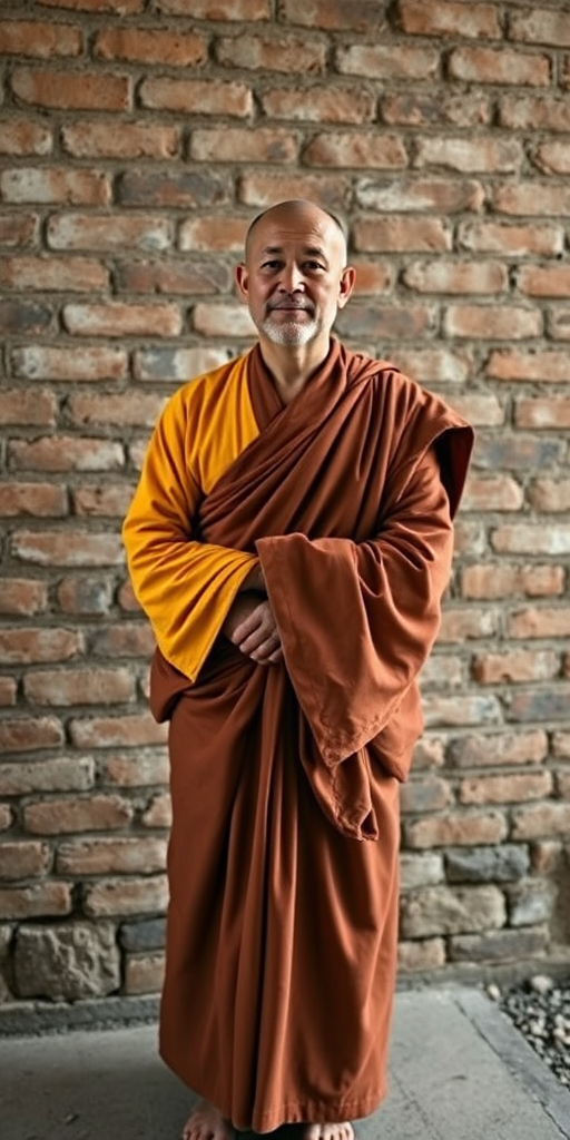 portrait of a monk standing against a rustic brick wall, natural light, aperture f/2.8, shutter speed 1/125s, ISO 100, Canon EOS R, 35mm lens, soft focus background, full body shot