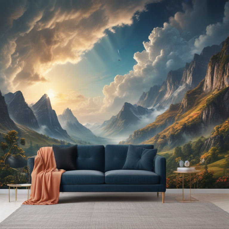 Serene Mountain Landscape Mural Behind Cozy Sofa in Modern Living Room