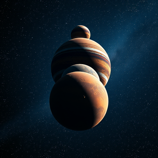 Create a high-resolution image of a cosmic landscape featuring three planets of varying sizes stacked vertically against a starry background, with planet textures showcasing vibrant colors and details. Use a Canon EOS 5D Mark IV camera with a 24mm f/2.8 lens, aperture set to f/8, ISO 100, and a long exposure of 15 seconds to capture the deep space ambiance and enhance brightness and contrast.