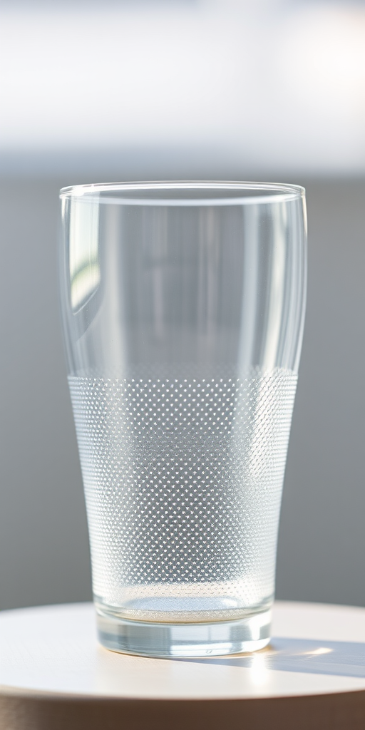 Create a high-resolution image of a transparent glass with a smooth surface and dotted texture, using a 50mm lens, f/2.8 aperture, ISO 100, and capturing from a 45-degree angle, in soft natural lighting.