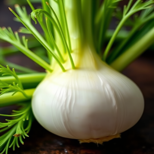 Create a high-resolution close-up image of a fresh fennel bulb with vibrant green fronds, using a DSLR camera with a 50mm lens, aperture set to f/2.8, ISO 100, and natural lighting for enhanced detail and depth.