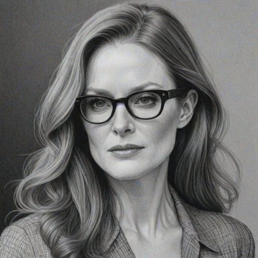 Splendid Julianne Moore, pencil sketch, portrait of Dazzling woman 1943s in glasses, hair style beatnik, outline, clear lines, fine lines, 8k