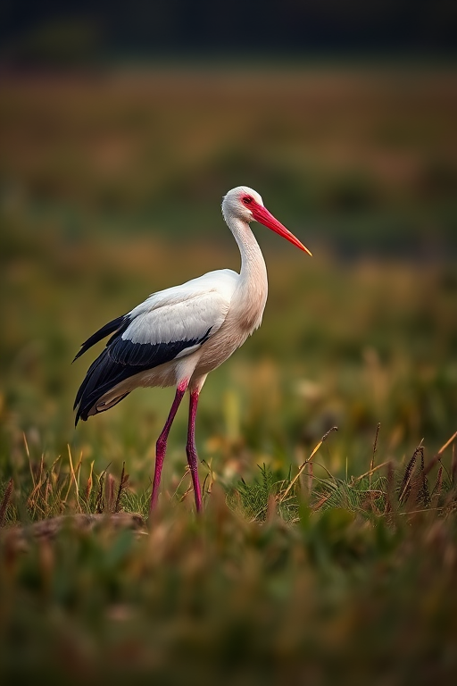 A stork standing on one leg in a grassy field, captured with a DSLR camera at f/5.6 aperture, 1/500s shutter speed, ISO 200, using a 200mm lens with a shallow depth of field to enhance focus on the bird while blurring the background.