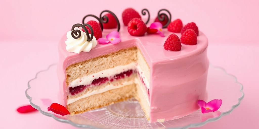 A beautifully decorated pink cake with a glossy finish, featuring a layer of raspberry filling and vanilla cream, garnished with fresh raspberries, rose petals, and decorative chocolate curls, displayed on an elegant glass plate with a slice cut out, set against a soft pink background.