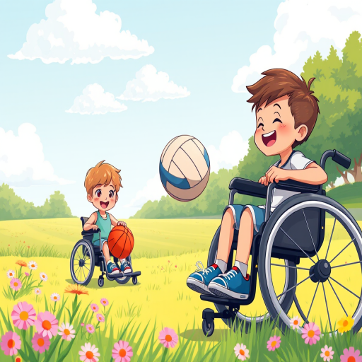 Generate a vibrant, cartoon-style illustration of two children in wheelchairs playing with a basketball and a volleyball on a sunny day in a green field with flowers, using a Canon EOS R5, 24mm lens, f/8 aperture, ISO 100, and a bright blue sky with fluffy clouds.