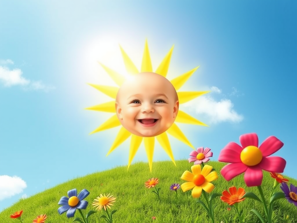 Create an image shows a bright, sun with a smiling baby's face in the center, radiating soft yellow rays. The sun is set against a clear blue sky with a few wispy clouds. Below, there's a lush green grassy hill with colorful, oversized flowers, giving the scene a whimsical, playful atmosphere.