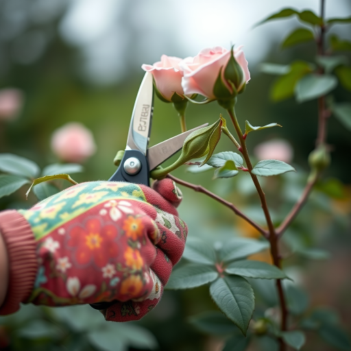 Close-up of a hand wearing a colorful gardening glove pruning a green rose bush branch with pruning shears, soft focus background, natural lighting, shutter speed 1/200, aperture f/4, ISO 200, macro lens, DSLR camera.