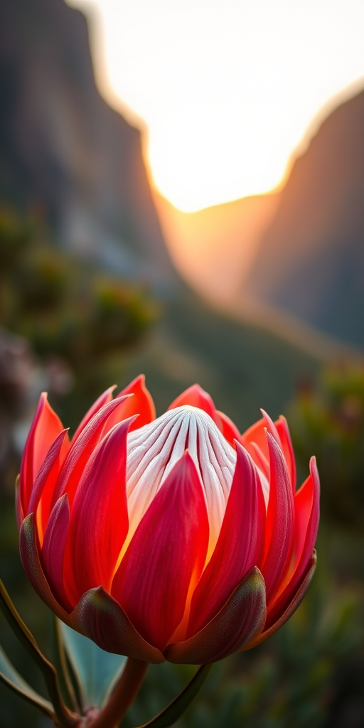 Capture a close-up of a blooming protea flower with a detailed focus on its vibrant petals, set against a softly blurred mountain backdrop during golden hour, using a DSLR camera with a 50mm lens, aperture f/2.8, ISO 100, and a shutter speed of 1/200s for optimal image quality.