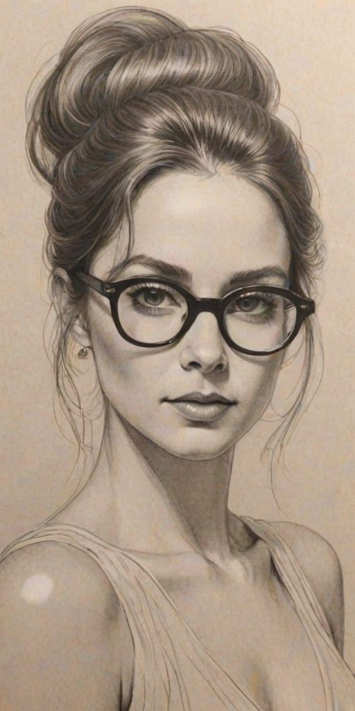 Gorgeous Gina Kimmel, pencil sketch, portrait of Graceful woman 1970s in glasses, hair style beatnik, outline, clear lines, fine lines, 8k