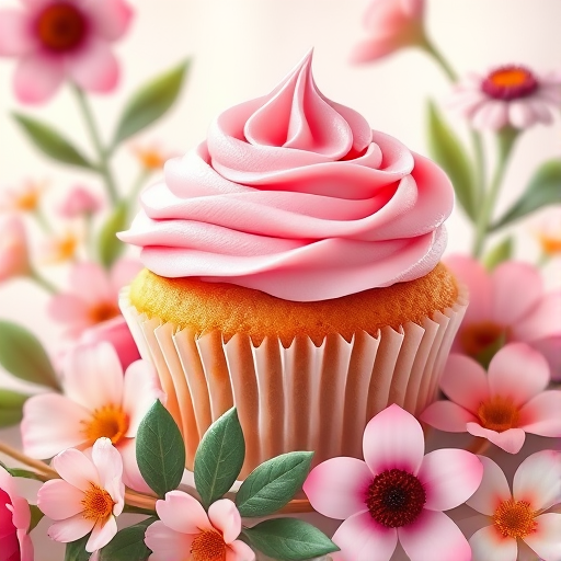 Create a detailed illustration of a cupcake with pink frosting surrounded by flowers and leaves, using a Canon EOS 5D Mark IV, 50mm lens, f/2.8 aperture, ISO 100, soft natural lighting, and a shallow depth of field to enhance color vibrancy and texture.