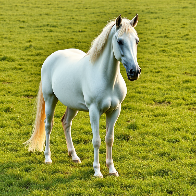 Generate a high-resolution illustration of a graceful white horse standing on lush green grass, using a Canon EOS R5 camera with a 50mm lens, aperture set to f/8 for sharpness, ISO 100 for clarity, and a slight vignette effect to enhance focus on the horse.