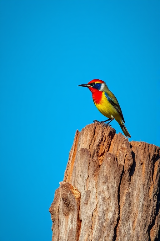 A vibrant bird perched on a weathered tree stump against a clear blue sky, captured with a DSLR camera, 200mm lens, f/8 aperture, ISO 100, with a shallow depth of field to enhance foreground clarity and a soft blurred background.