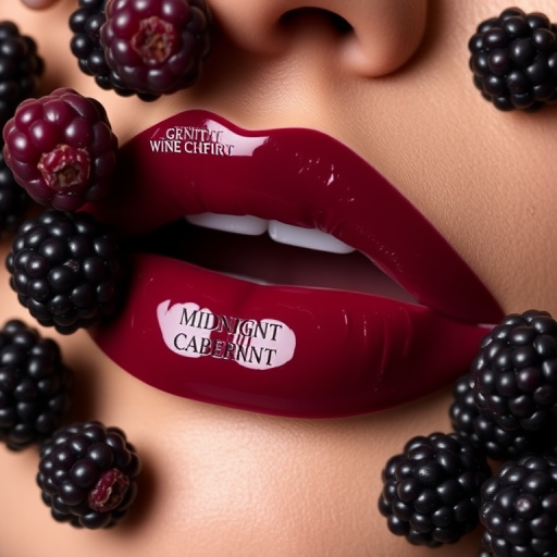 Blackberry wine lip tint "Midnight Cabernet" providing a buildable, hydrating formula with a glossy finish and subtle berry scent for a sophisticated evening look