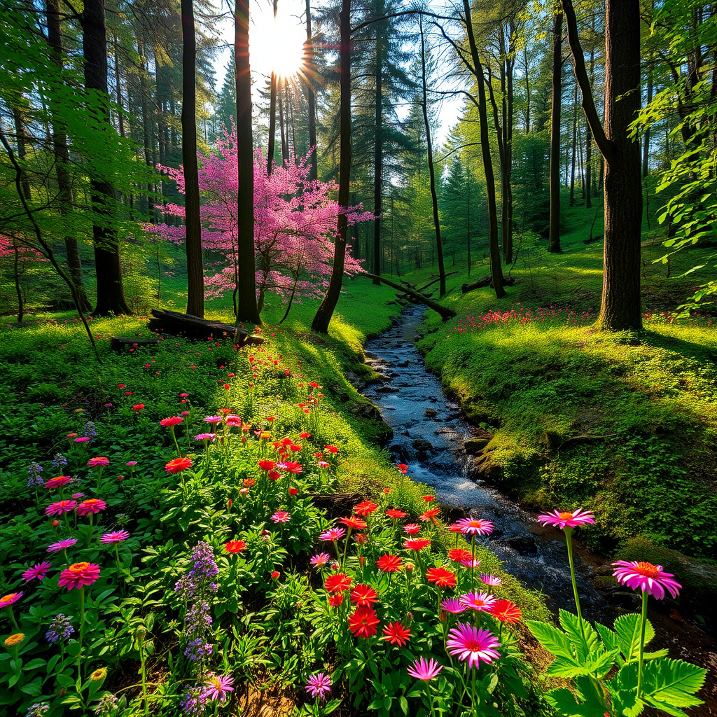 lush forest scene with vibrant flowers, winding stream, soft sunlight filtering through trees, f/8 aperture, 1/60s shutter speed, ISO 100, wide-angle lens, DSLR camera, high dynamic range photography