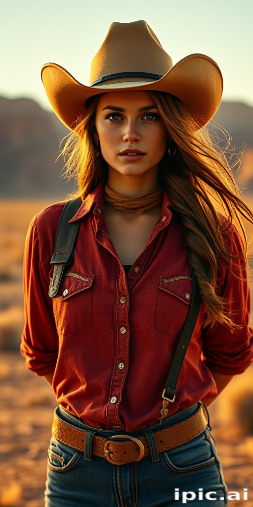 Dramatic photo of a beautiful Western American woman, classic cowboy attire, confident and free spirit expression, half-length portrait, centered, golden hour desert landscape, warm, diffused light, low angle, medium format film camera, in style of Annie Leibovitz.