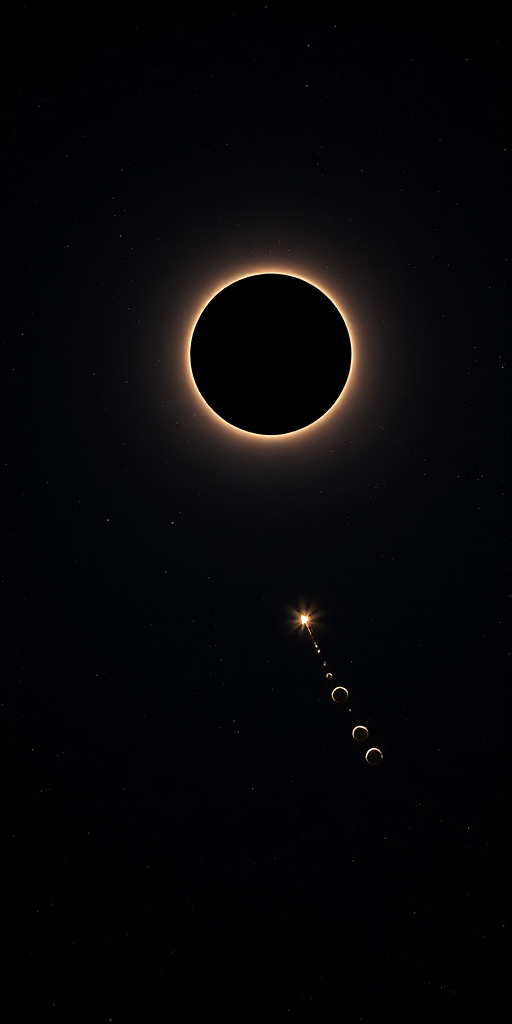 Generate a high-resolution image of a distant planet with a dark surface, surrounded by a bright glow, and a trail of asteroids leading towards a small star; use a DSLR camera with a wide-angle lens, f/8 aperture, ISO 100, and a long exposure to capture the depth of space and enhance star visibility.