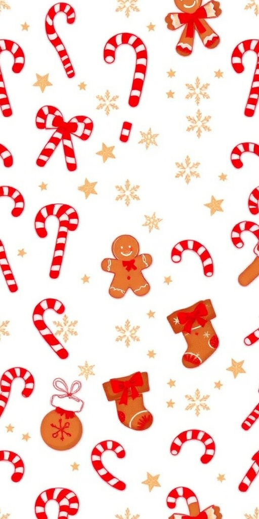 Create a seamless Christmas-themed pattern featuring red candy canes, gingerbread men, snowflakes, stockings, and stars on a white background, captured with a Canon EOS R5, 50mm lens, f/8 aperture, ISO 100, and soft natural lighting for enhanced clarity and detail.