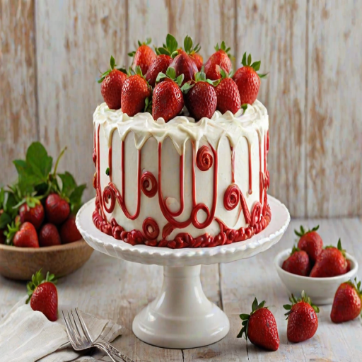 Create an image of a beautifully decorated cake on a rustic white stand. The cake should have a smooth, glossy red glaze on top, with artistic swirls of white frosting. Decorate the top with fresh strawberries, figs, red berries, and green leaves for a vibrant and inviting look. The background should have a light, neutral tone to highlight the cake's colors.