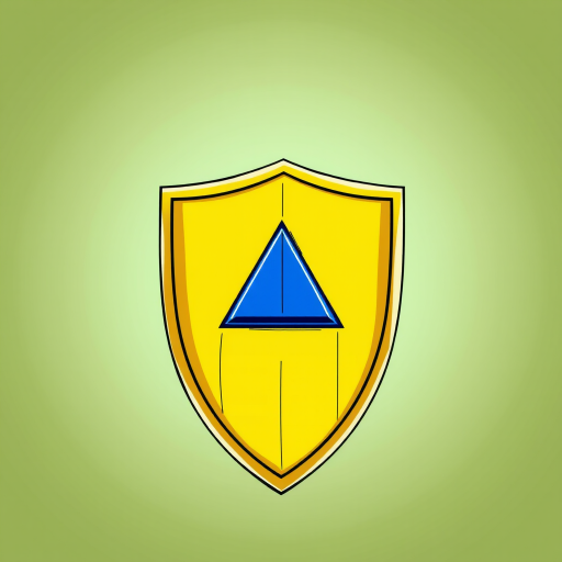 Create a vibrant and detailed illustration of a yellow shield with a blue triangular emblem at its center, using a high-resolution camera at 50mm focal length, f/8 aperture, with a soft-focus background to enhance the shield's features.