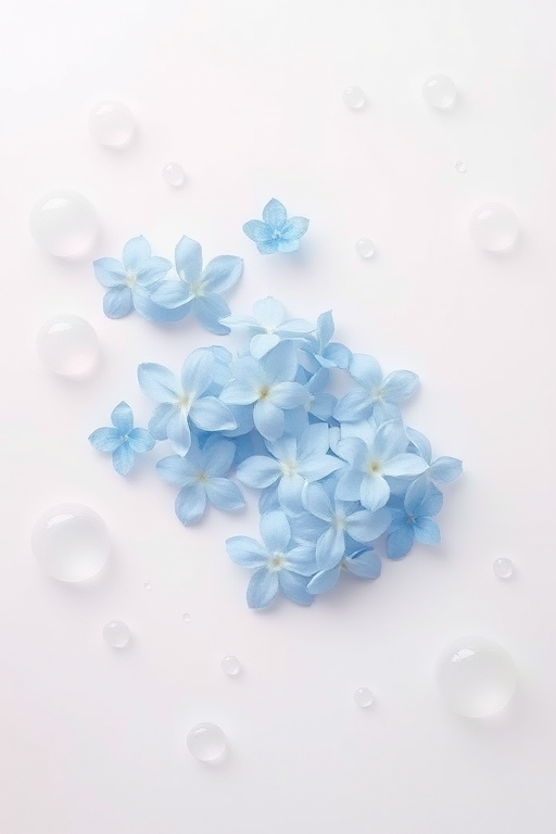 A serene composition of delicate blue flowers floating on a soft pastel surface with gentle bubbles surrounding them, creating a tranquil and calming atmosphere.