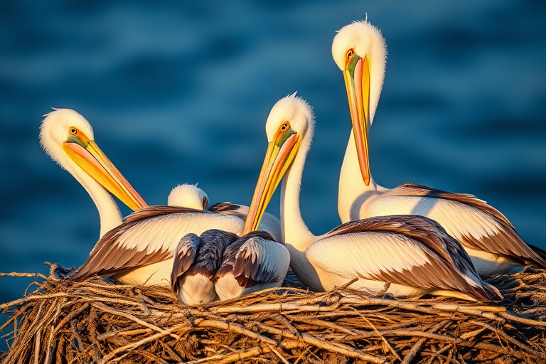 Capture a close-up shot of pelicans nesting with a shallow depth of field, using a DSLR camera at f/4, ISO 200, 1/200 sec, with a 50mm lens, in natural light, at sunrise for softer tones.