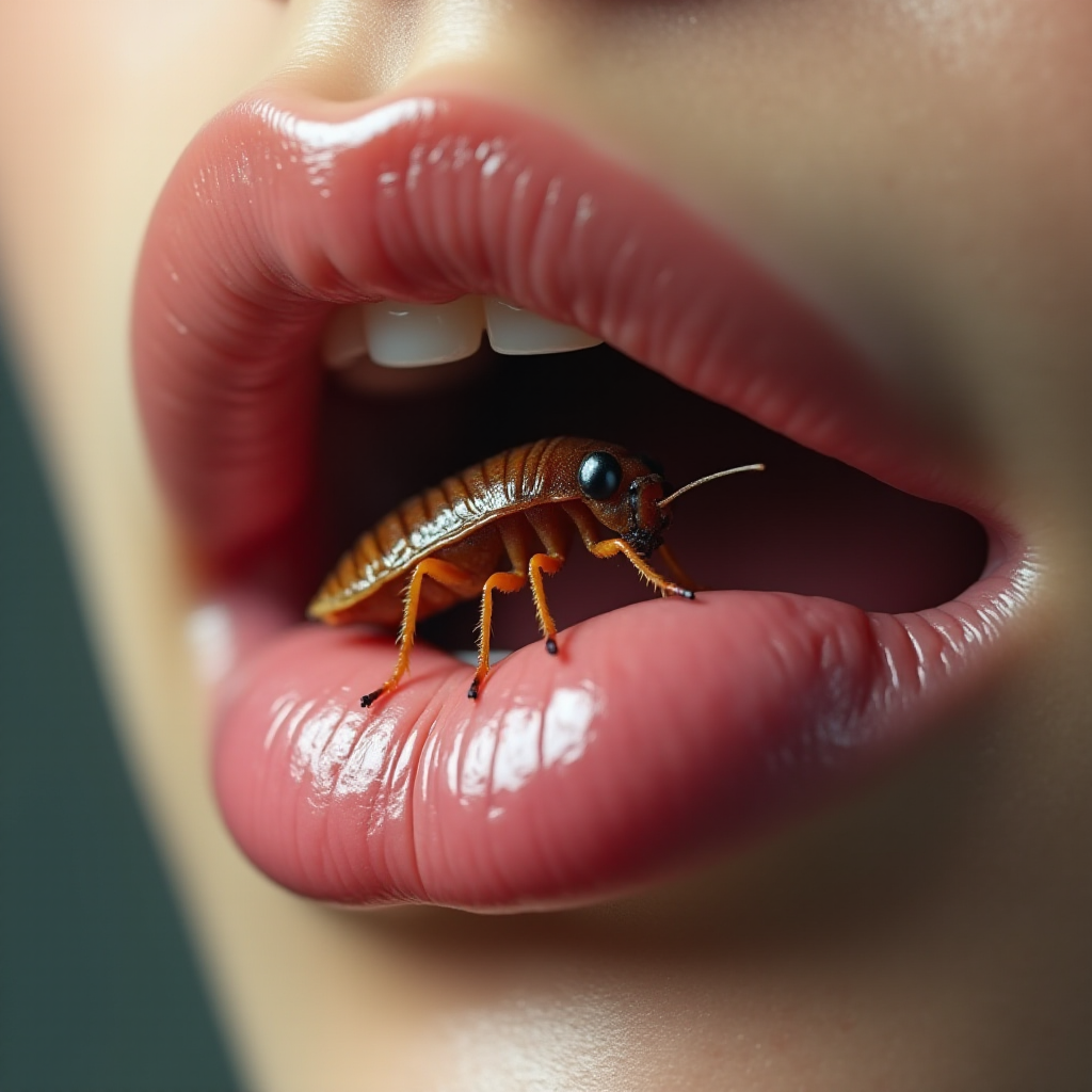 Written name "name" in ginat letters Close-up of realistic human lips, soft pink and glossy, with detailed textures A small vividly cockroach with sharp teeth is crawling out of the mouth The cockroach's skin is highly detailed with a shiny texture and its teeth are menacing and sharp The lips appear moist with subtle reflections of light and the cockroach contrasts starkly with the smooth skin of the lips Hyperrealistic style with intricate textures and lighting