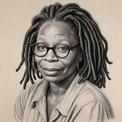 Gorgeous Whoopi Goldberg, pencil sketch, portrait of Fetching woman 1946s in glasses, hair style beatnik, outline, clear lines, fine lines, 8k