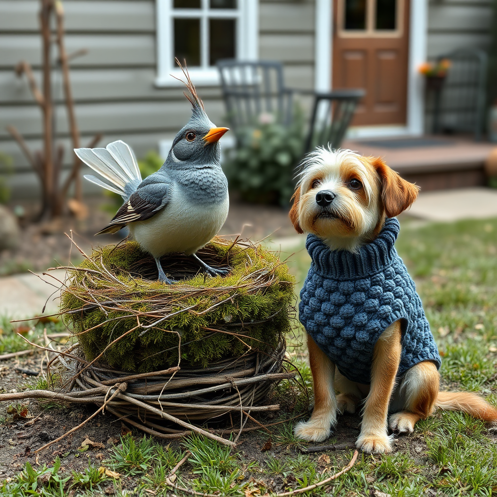 An image of a surreal, whimsical bird, a moss birds nest, sitting nearby is a dog, slightly smiling with a blueberry bobble stitch sweater, muted colors, natural textures, garden at back of house.