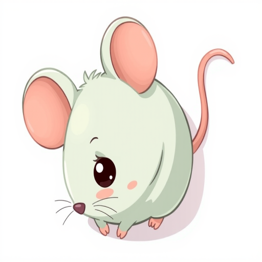 Create a cute cartoon illustration of a mouse with a round body and large ears, using a digital drawing style, 300 DPI resolution, top-down view, soft lighting, and pastel colors.