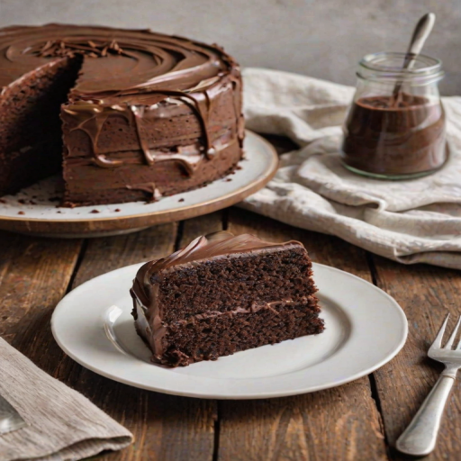 Generate an image of a chocolate cake on a white plate, showcasing three layers with rich chocolate frosting on top. The cake should have a slice cut out to reveal the layers inside. Set the scene on a wooden table with some plates in the background. Include a serving spatula next to the cake and a linen napkin underneath.