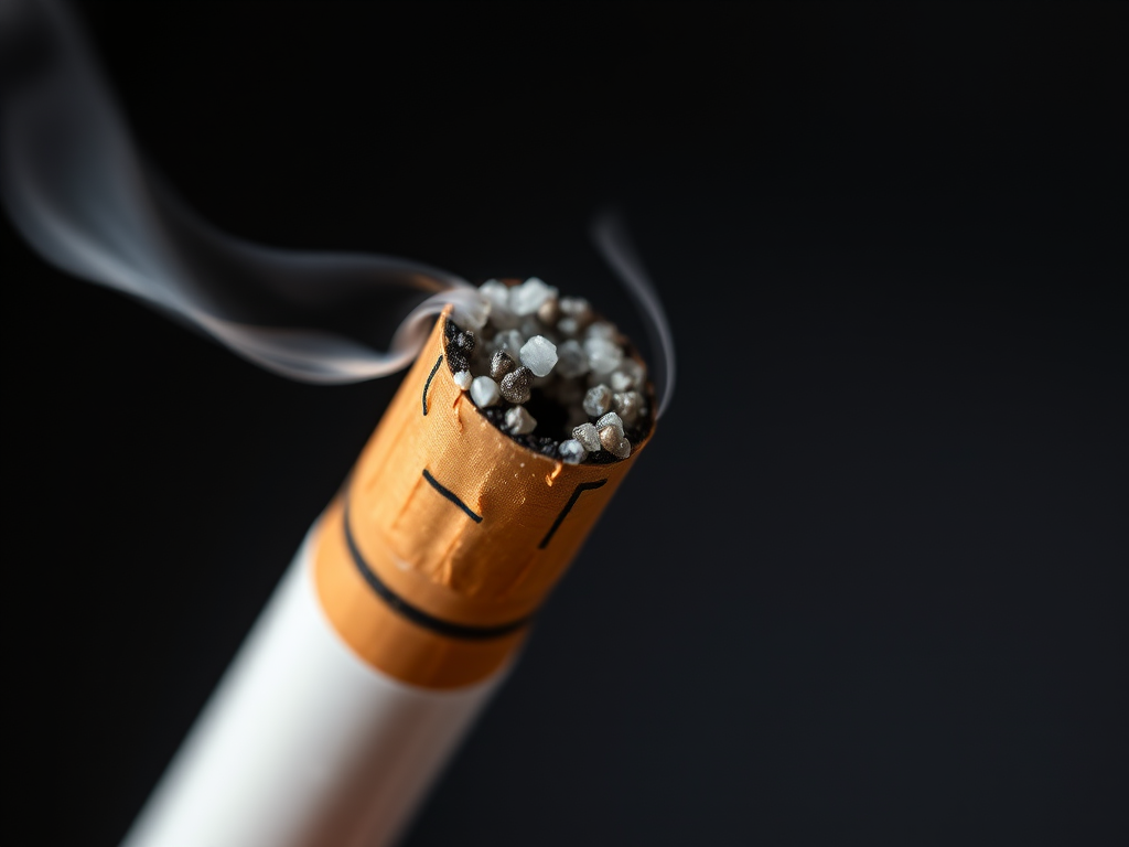 Close-up of a burning cigarette with focus on the ash at the tip, blurred background, DSLR camera, 50mm lens, aperture f/2.8, shutter speed 1/200s, ISO 100.