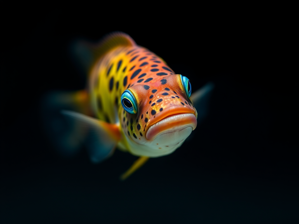 capture a close-up of a vibrant, spotted fish with striking blue eyes swimming against a dark gradient background, using a Canon EOS R5 camera, 50mm lens, f/2.8 aperture, ISO 200, with a macro photography style and soft lighting to enhance color vibrancy and detail