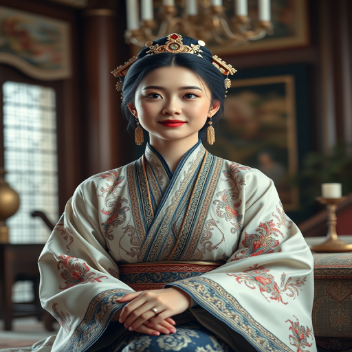 A beautiful Ashkenazi woman in traditional East Asian attire, intricately detailed with embroidered patterns, sitting gracefully in a richly decorated room, soft ambient lighting, serene and elegant, ultra-realistic, 8K resolution