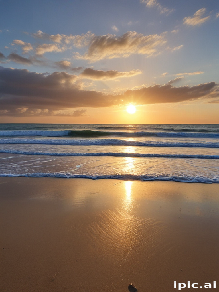 Serene Sunset Over Calm Waves Reflecting Golden Light on Sandy Beach