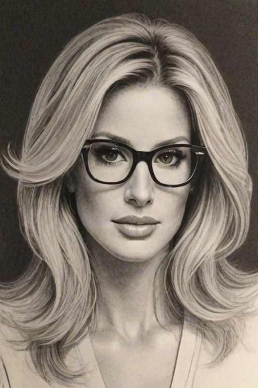 Pleasing Kim Zolciak, pencil sketch, portrait of Lovely woman 1977s in glasses, hair style beatnik, outline, clear lines, fine lines, 8k