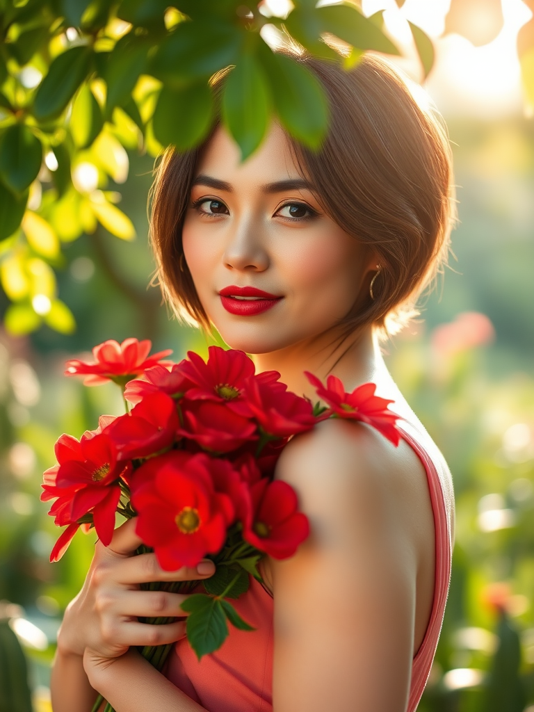 portrait of a woman with short hair holding a bouquet of red flowers in a lush garden, soft sunlight filtering through leaves, aperture f/2.8, shutter speed 1/250s, ISO 100, captured with a 50mm lens on a DSLR camera, shallow depth of field for a dreamy background effect