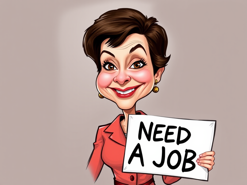 caricature of a smiling Katharine Hepburn in a Salmon dress or suit, holding up a sign that says "NEED A JOB", no watermark,