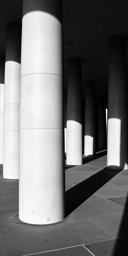 photograph a series of concrete columns casting long shadows in black and white, use a DSLR camera with a 50mm lens, aperture f/8, ISO 200, shutter speed 1/60 sec, natural daylight, capture in a symmetrical perspective to enhance depth and contrast.