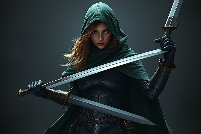 Create an image of a female character in a dark green hooded cloak and form-fitting armor, wielding two large blades, captured with a DSLR camera at f/2.8, ISO 100, focal length 50mm, using a portrait lens and a low-angle view to emphasize her powerful stance, while employing dramatic lighting to enhance her features and the texture of her outfit.
