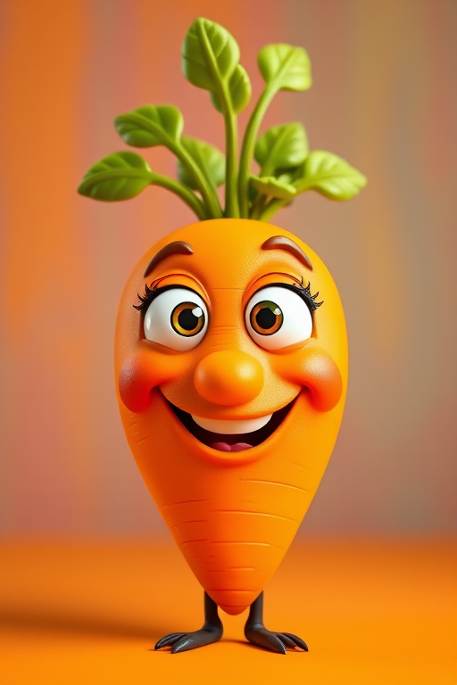 Create a vibrant, cartoonish smiling carrot character with large expressive eyes and green leafy top, shot with a Canon EOS R5, 50mm lens, aperture f/1.8, ISO 100, in a bright and colorful studio setting to enhance the image quality.