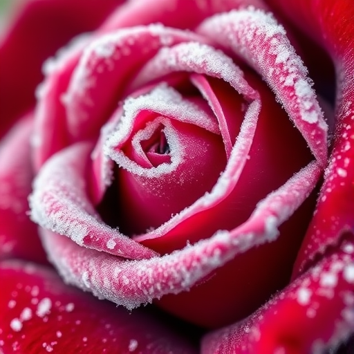 Create a close-up image of a red rose covered in frost, using a macro lens with a 50mm focal length, aperture set to f/2.8, ISO 100, and a shutter speed of 1/250s, with soft natural lighting and a shallow depth of field to emphasize the frost details on the petals.